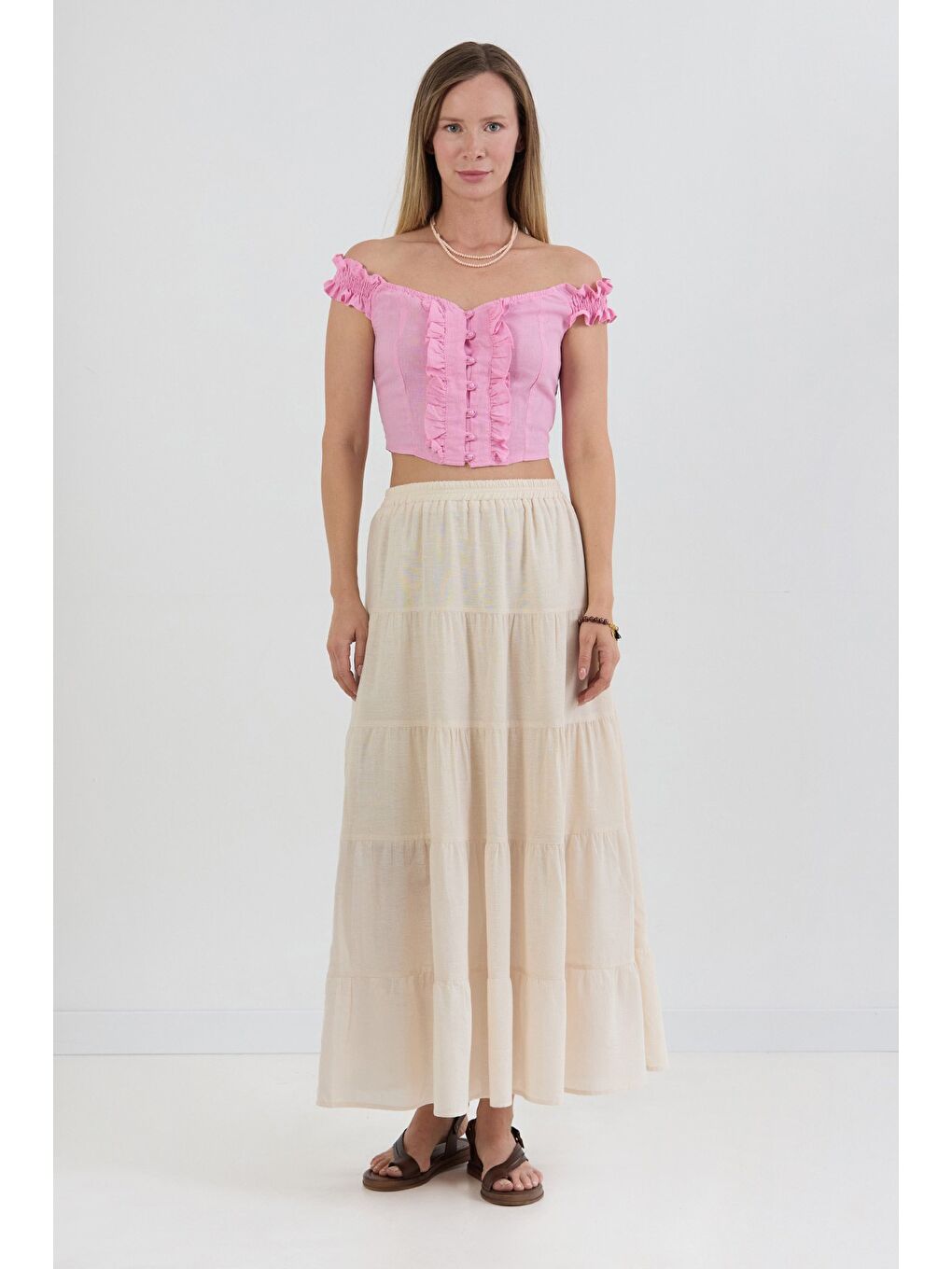 Bej Beli Lastikli Fırfırlı Keten Etek