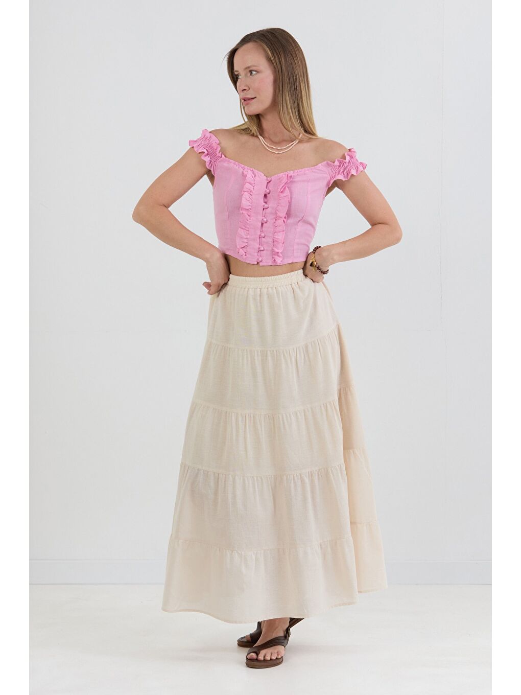 Bej Beli Lastikli Fırfırlı Keten Etek-1