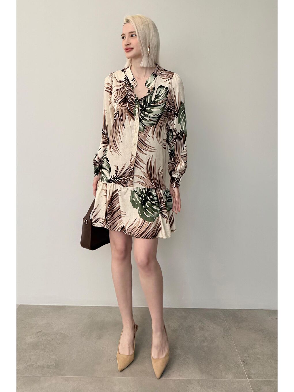 Yeşil Desenli Düğmeli Kısa Kadın Elbise Mg2432-4