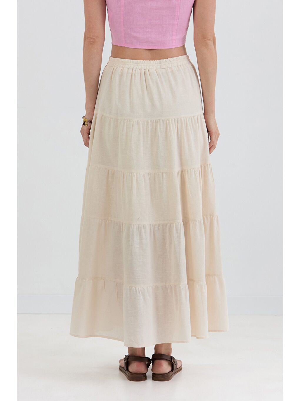Bej Beli Lastikli Fırfırlı Keten Etek-3