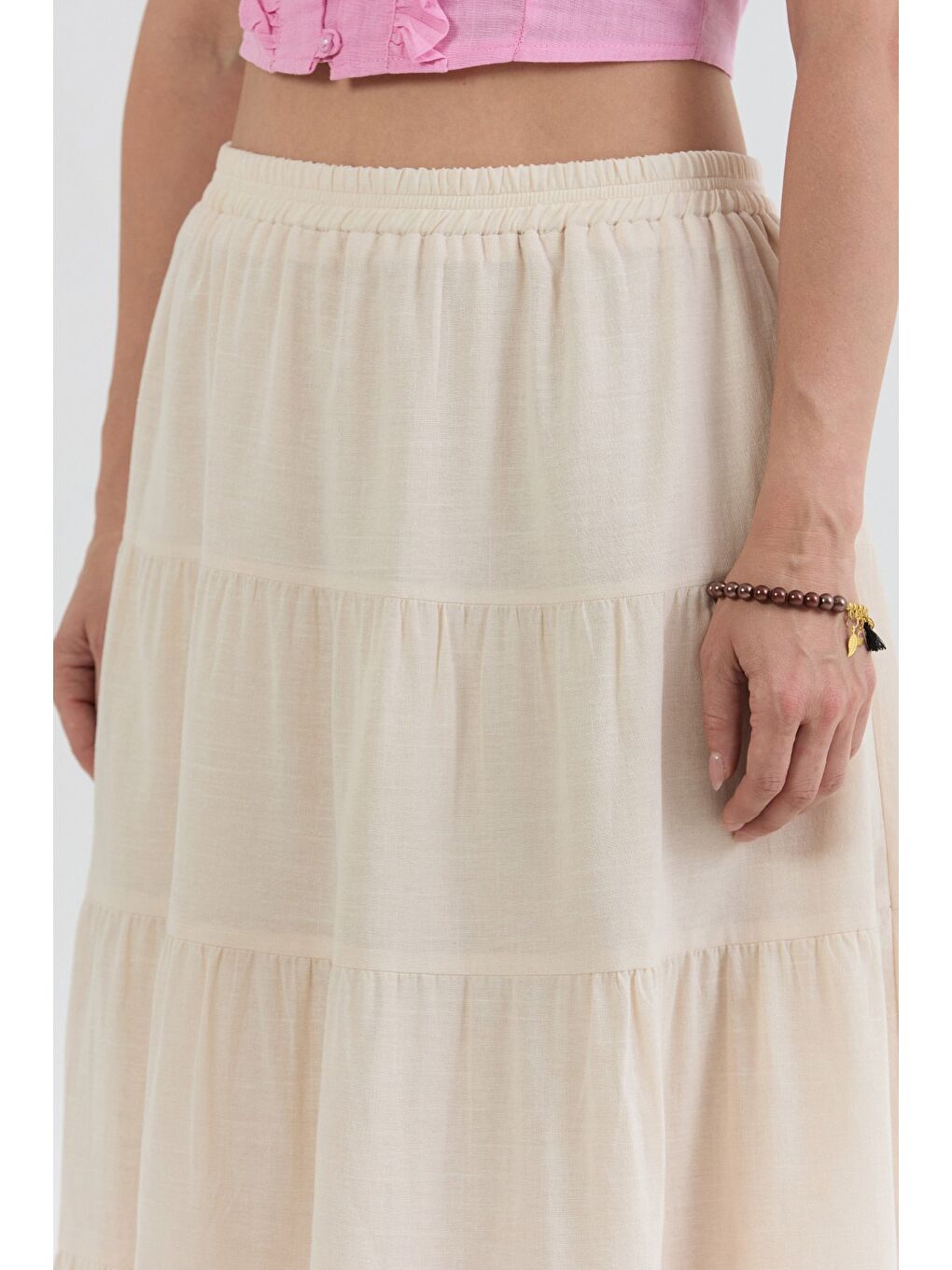 Bej Beli Lastikli Fırfırlı Keten Etek-4