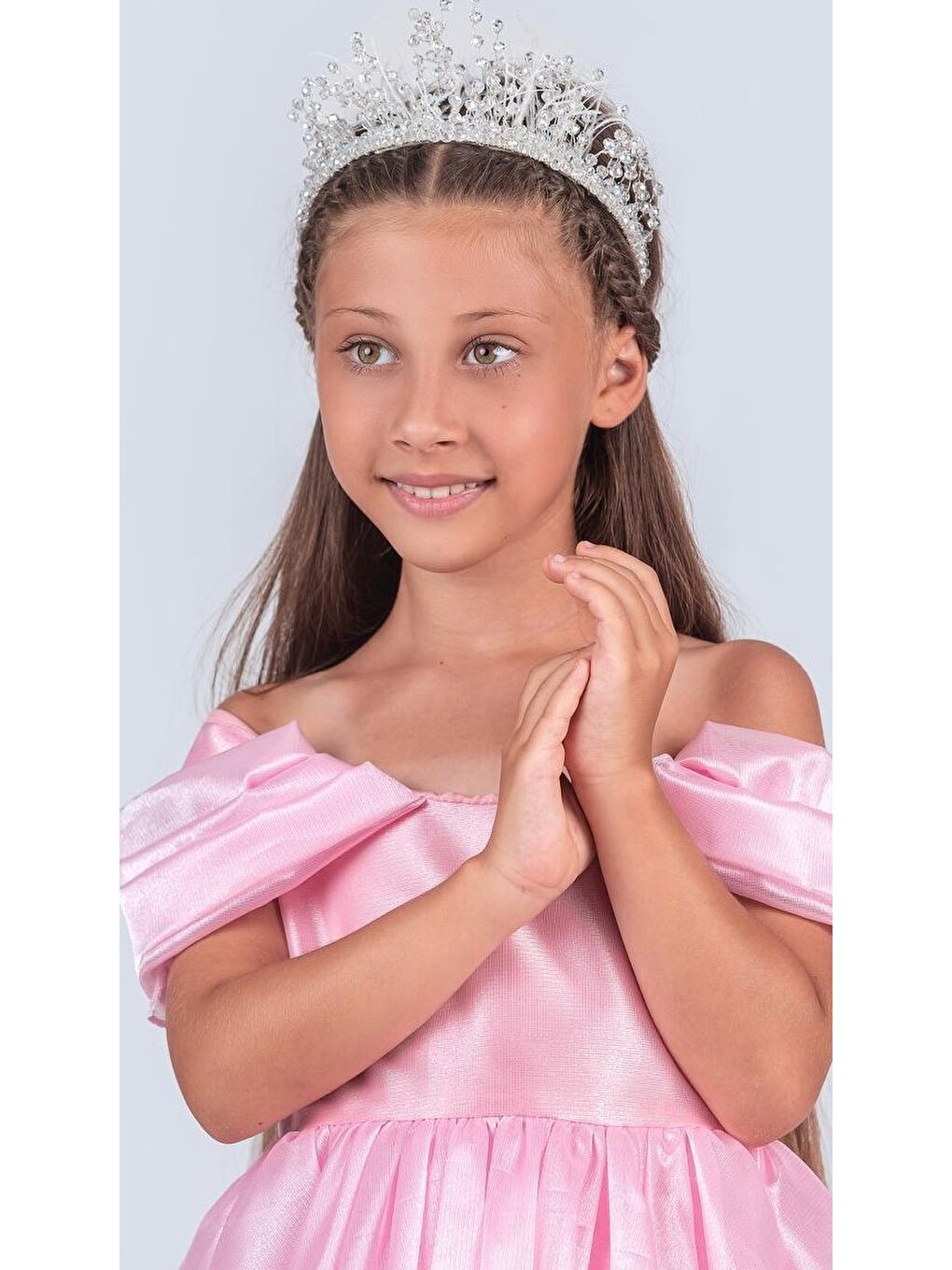 Pembe Kız Çocuk Düşük Omuz Detaylı Işıltılı Prenses Elbisesi M00760-1