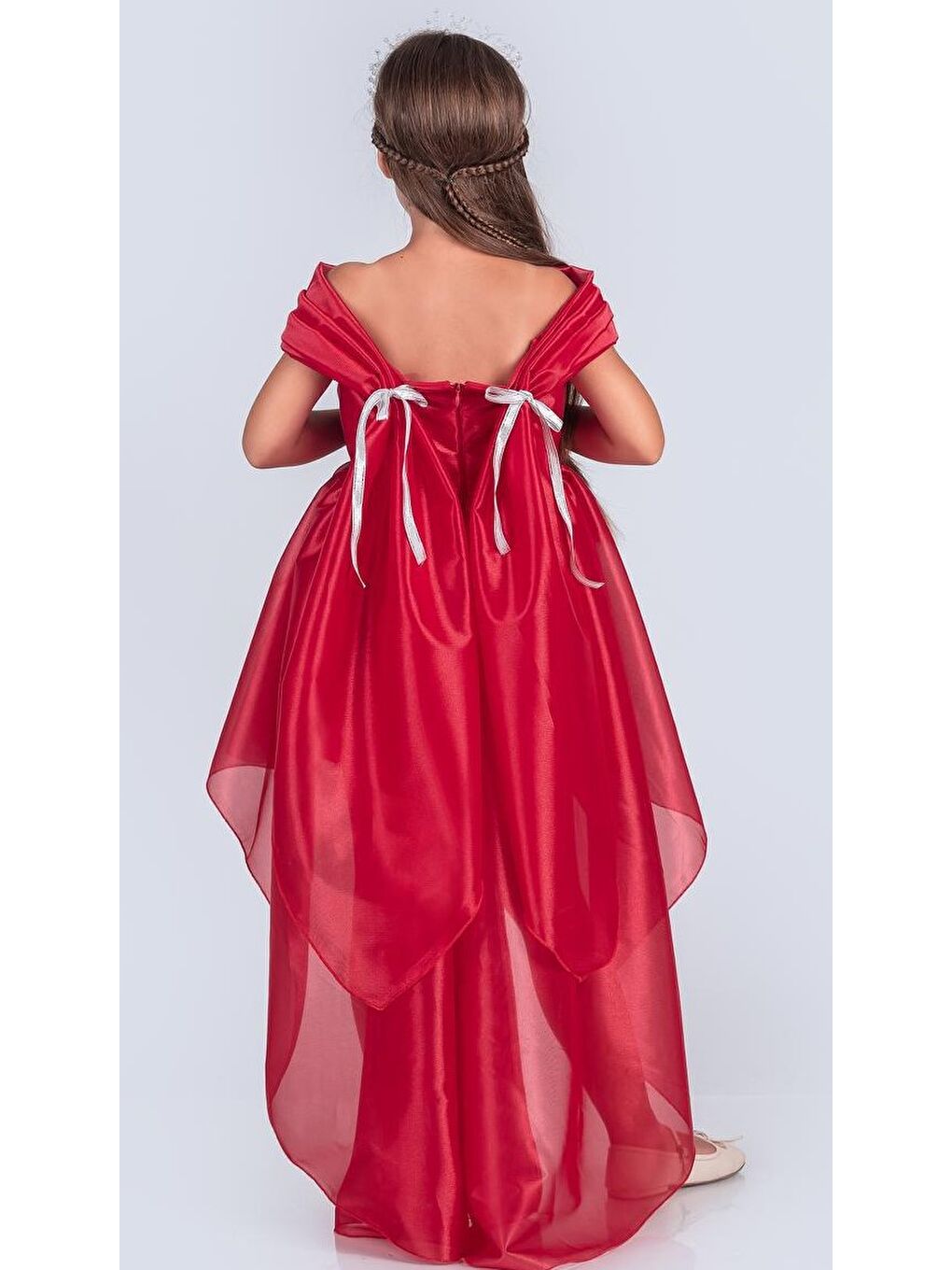 Kırmızı Kız Çocuk Düşük Omuz Detaylı Işıltılı Prenses Elbisesi M00760-2