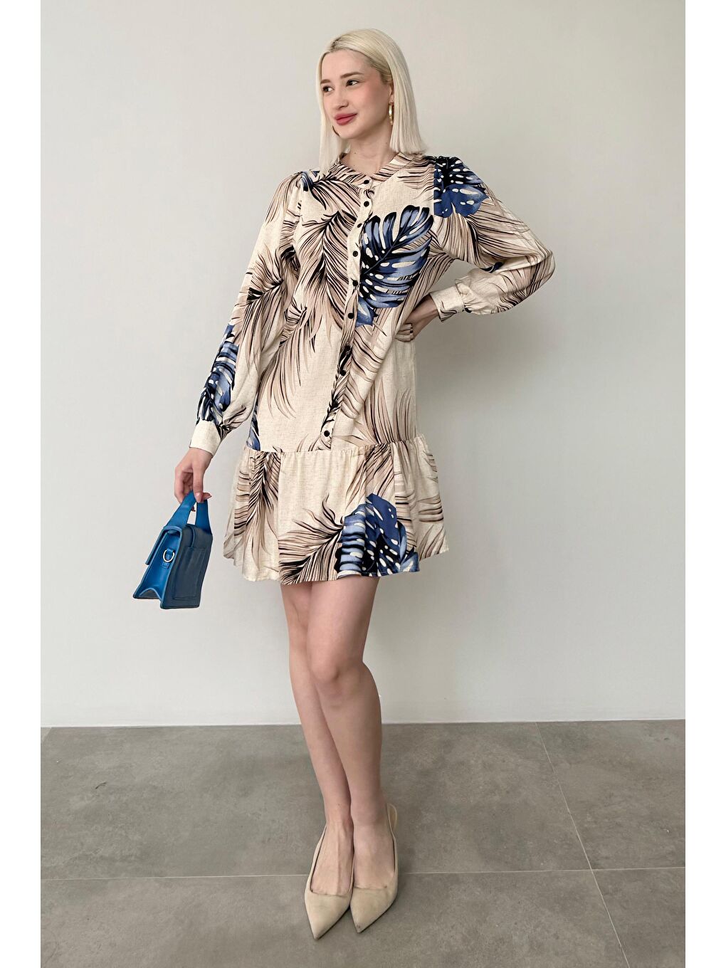 Mavi Saks Desenli Düğmeli Kısa Kadın Elbise Mg2432