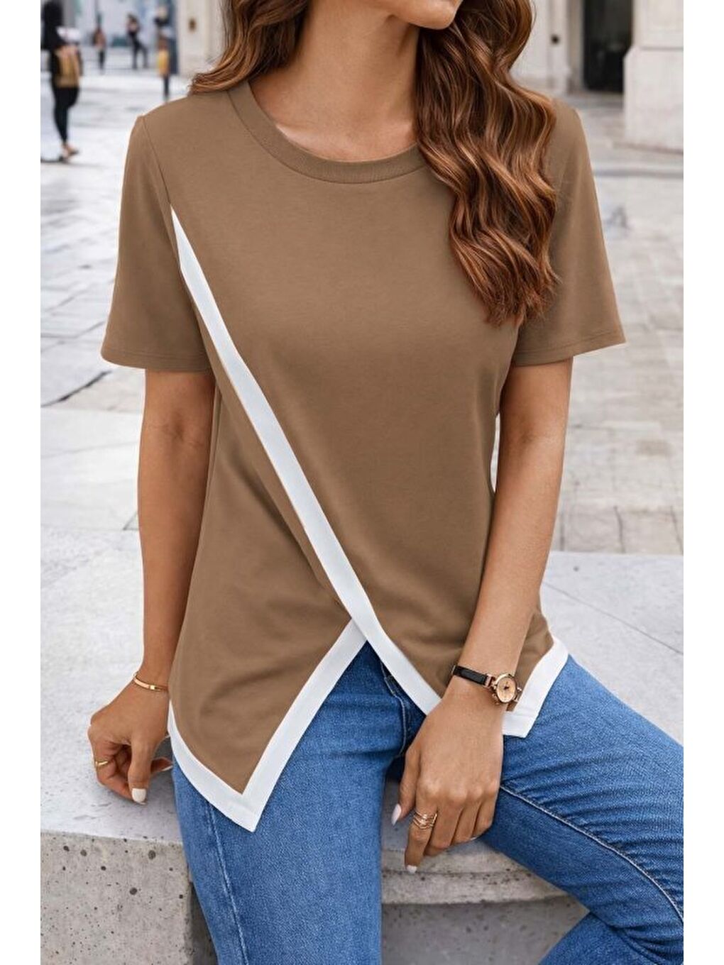 Kahverengi Kadın Kısa Kollu Bisiklet Yaka Viskon Bluz-2