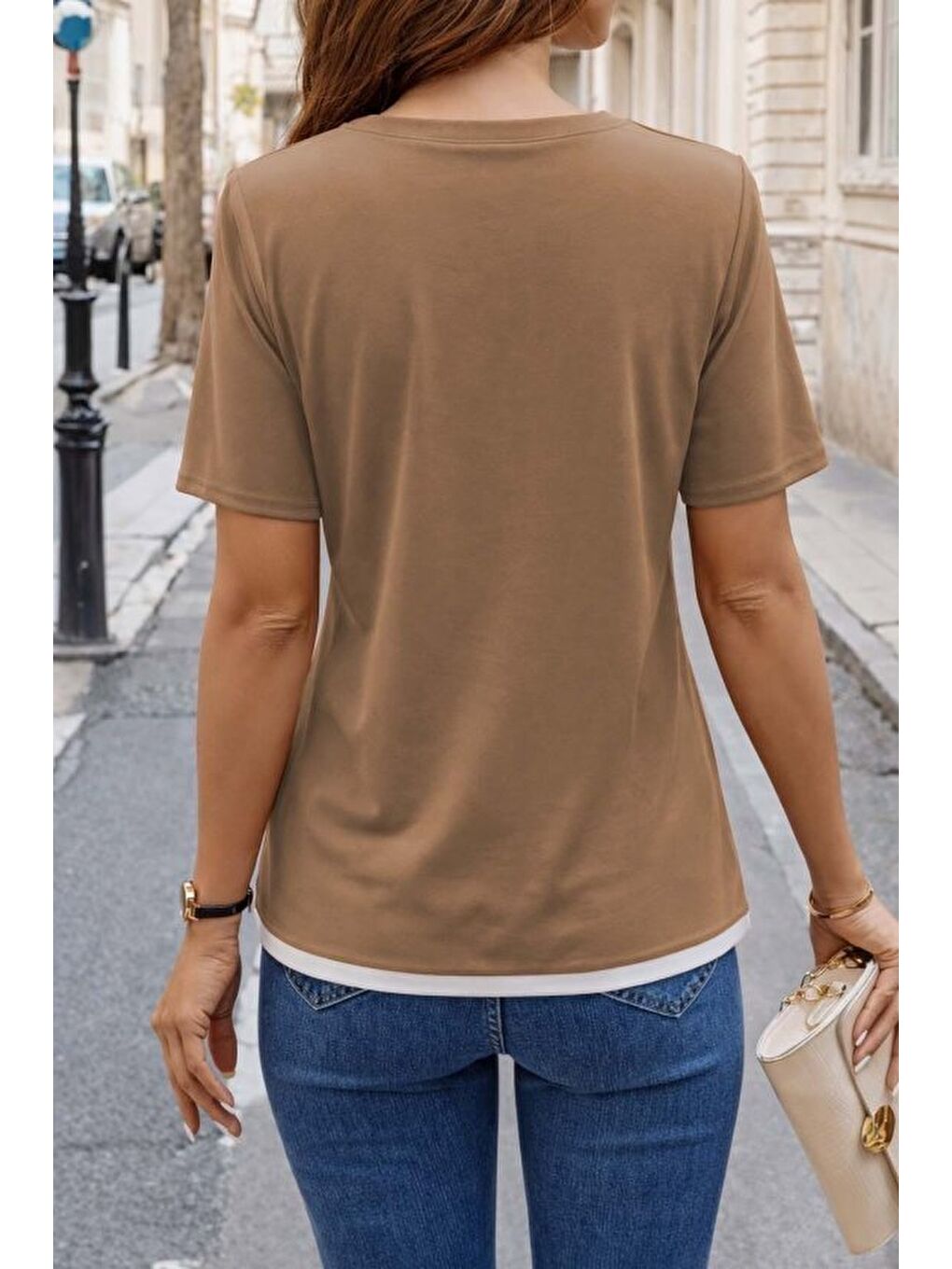 Kahverengi Kadın Kısa Kollu Bisiklet Yaka Viskon Bluz-3