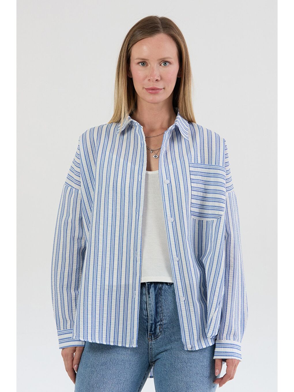 Mavi Çizgili Body Detaylı Oversize Gömlek