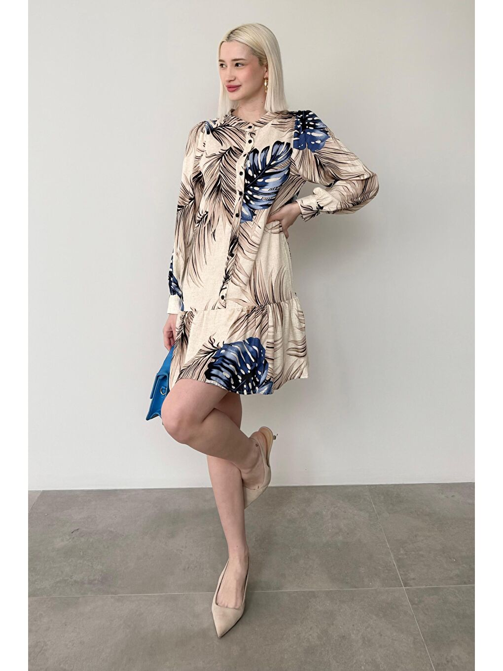 Mavi Saks Desenli Düğmeli Kısa Kadın Elbise Mg2432-1