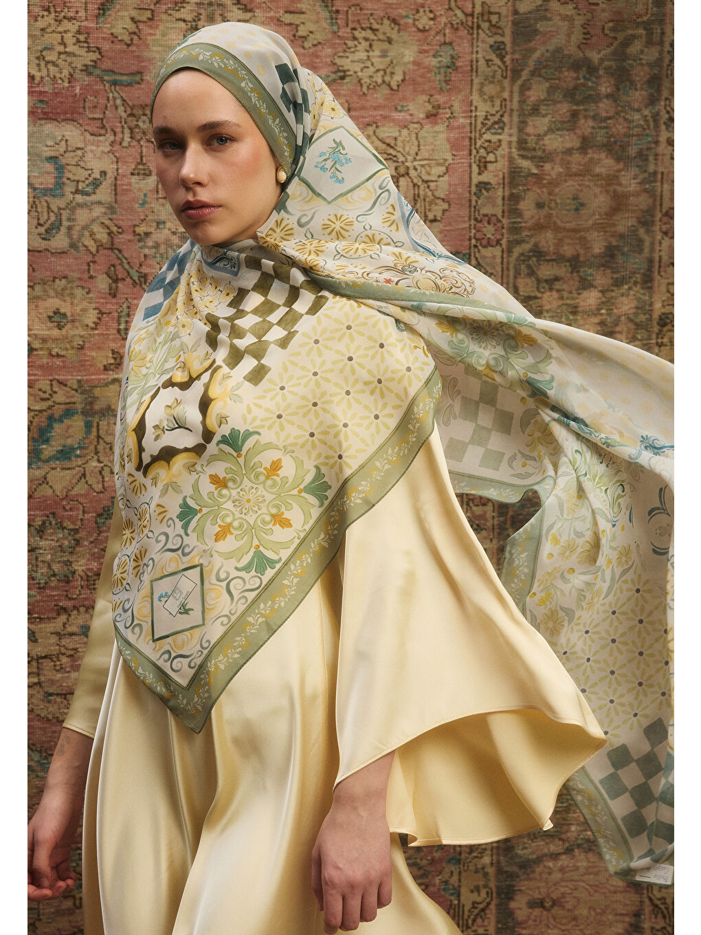 Bella Desen İpek Krep Şal Çağla Yeşili-1