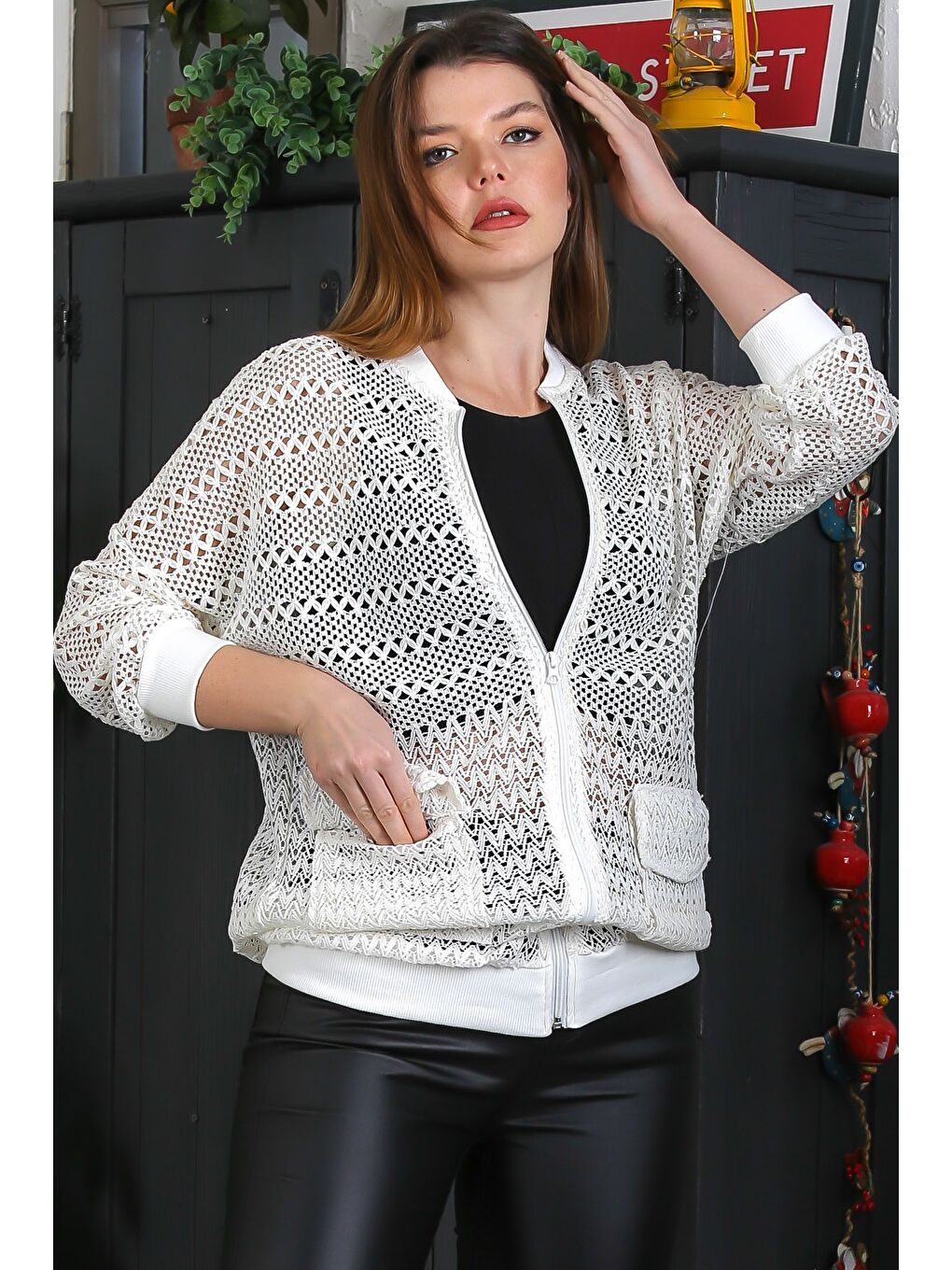 Ekru Bomber Yaka Manşetli Kollu Fermuarlı Cepli Casual Dokuma Ceket 70 65-2