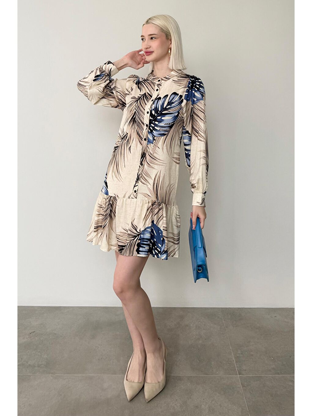 Mavi Saks Desenli Düğmeli Kısa Kadın Elbise Mg2432-2