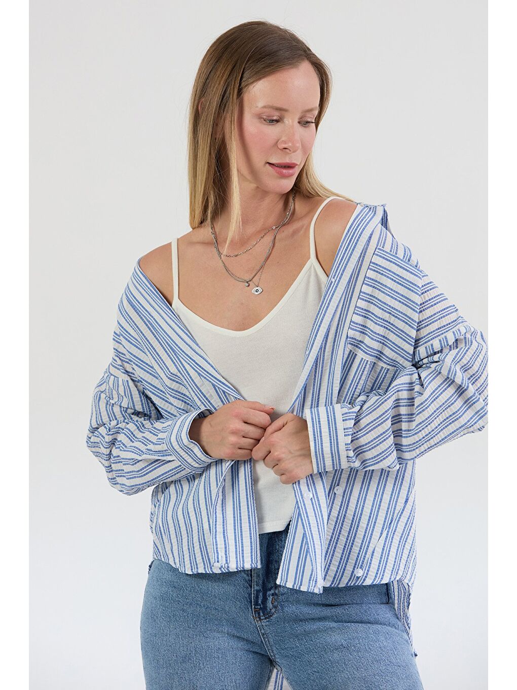 Mavi Çizgili Body Detaylı Oversize Gömlek-2