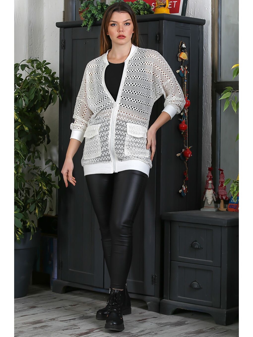 Ekru Bomber Yaka Manşetli Kollu Fermuarlı Cepli Casual Dokuma Ceket 70 65-6