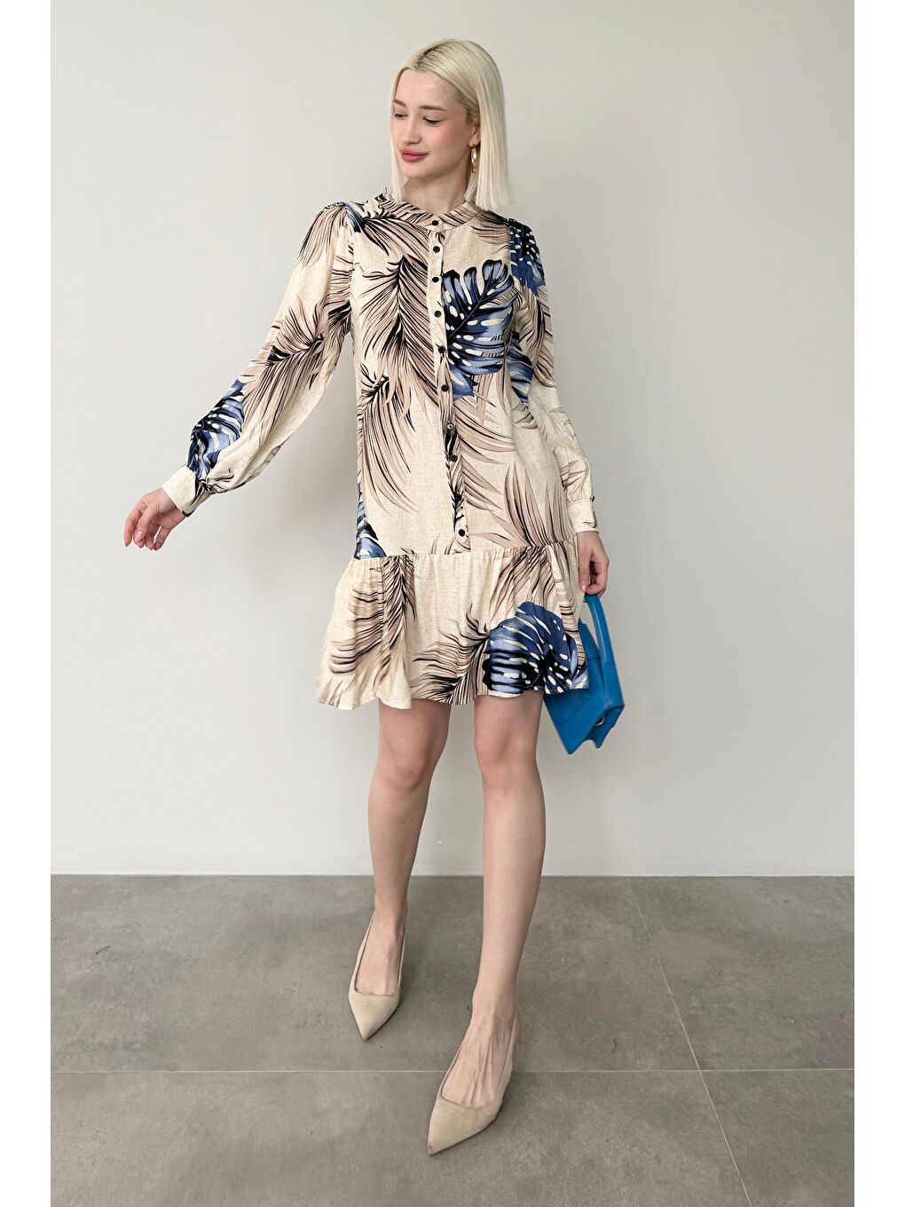 Mavi Saks Desenli Düğmeli Kısa Kadın Elbise Mg2432-3