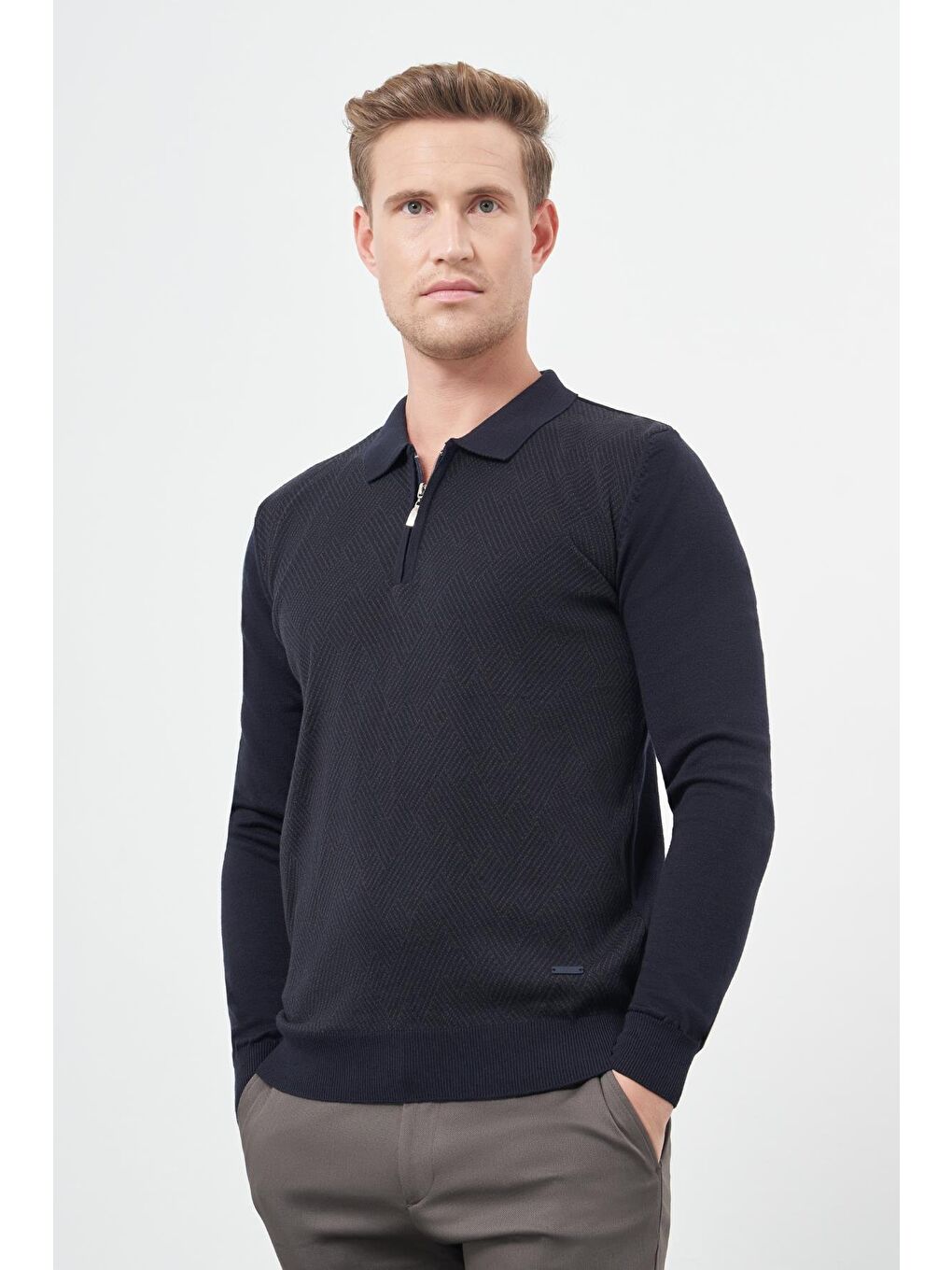 Koyu Lacivert Uzun Kol Kendinden Desenli Örme Polo Yaka Classic Comfort Fit Triko 1012245160