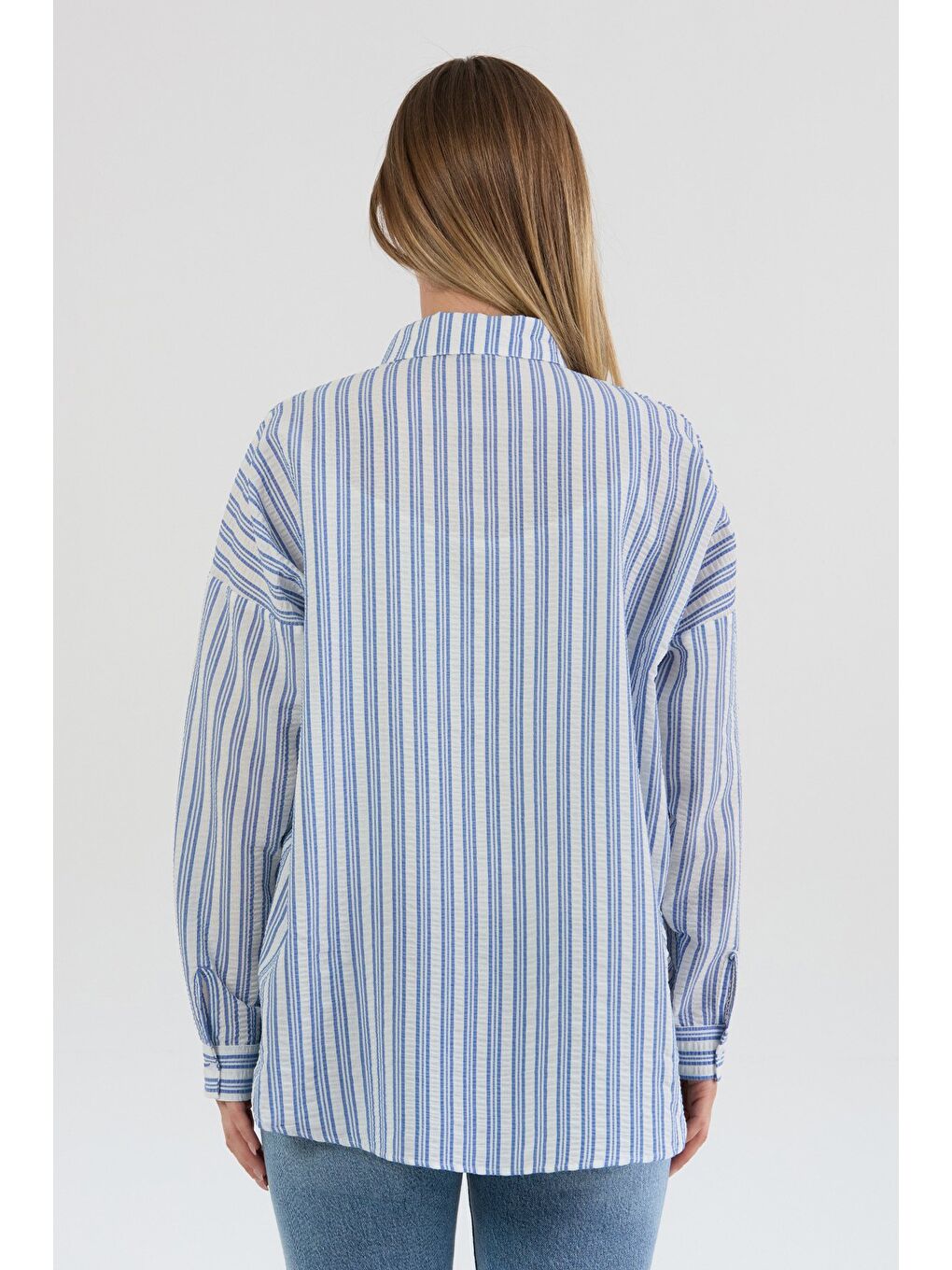 Mavi Çizgili Body Detaylı Oversize Gömlek-4