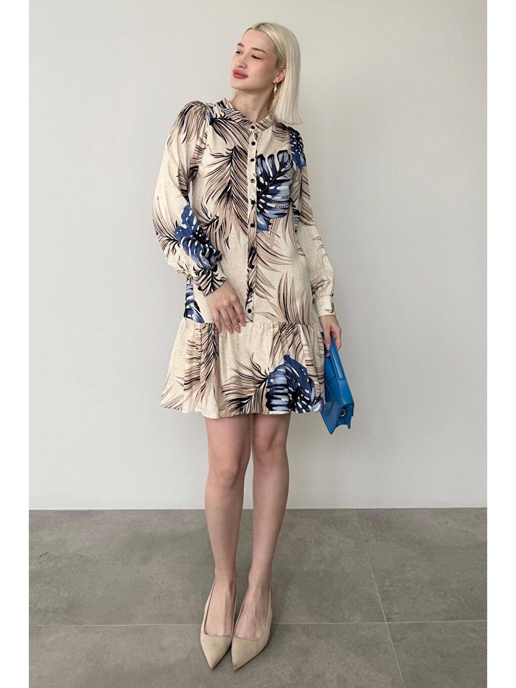 Mavi Saks Desenli Düğmeli Kısa Kadın Elbise Mg2432-4