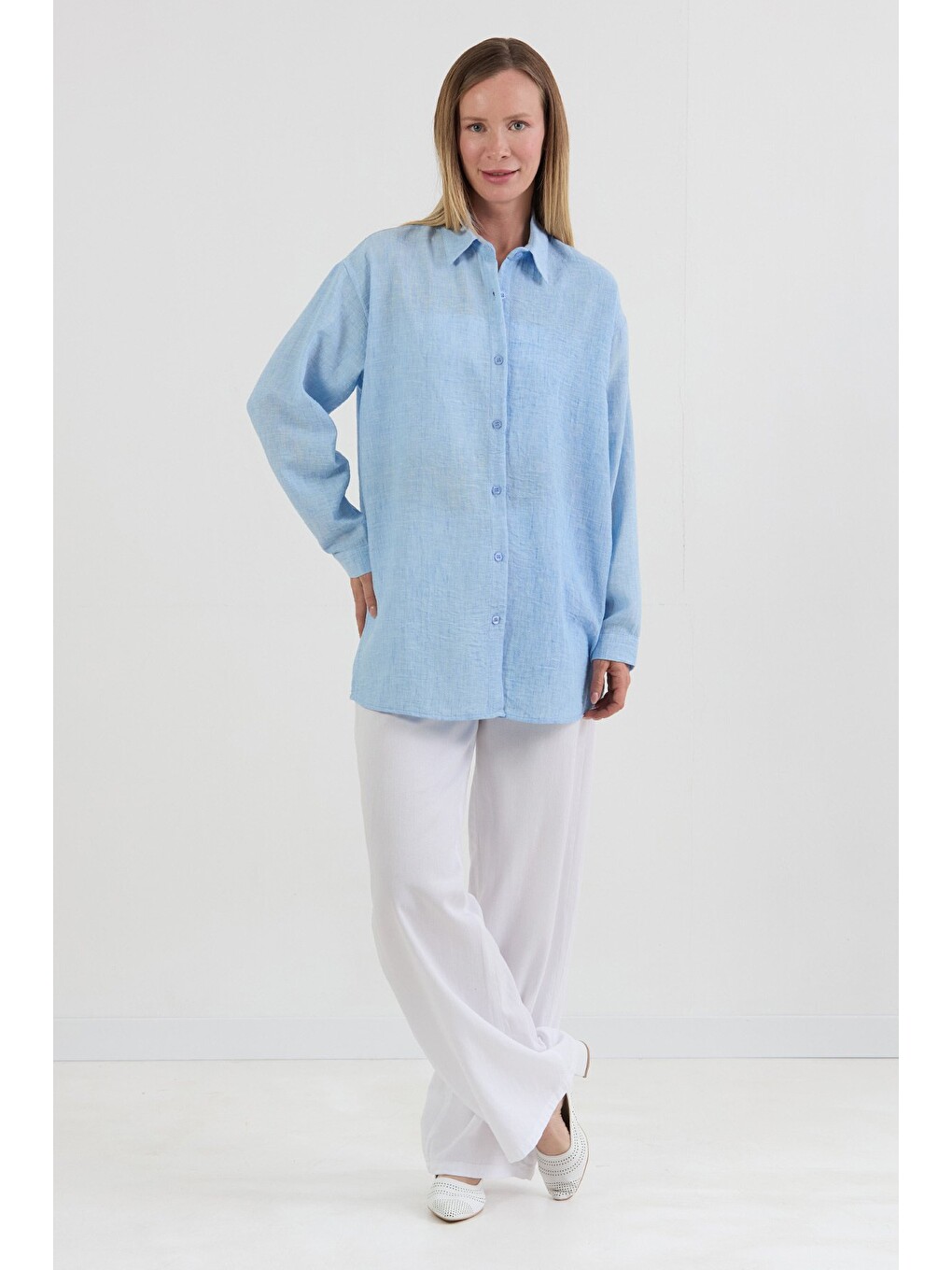 Mavi Kırçıllı Düğmeli Oversize Gömlek-4