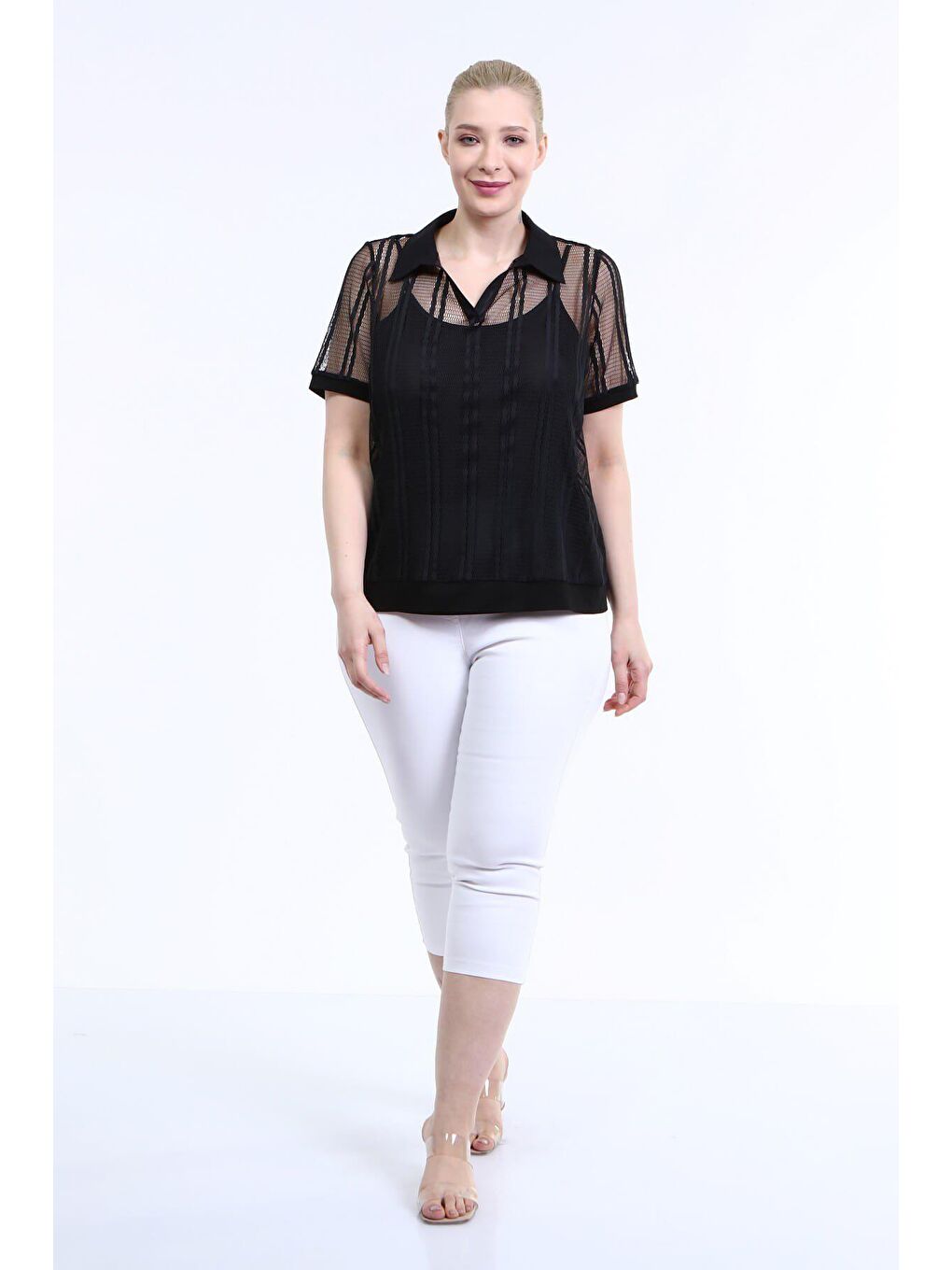 Siyah Astarlı File Detaylı Tişört-4