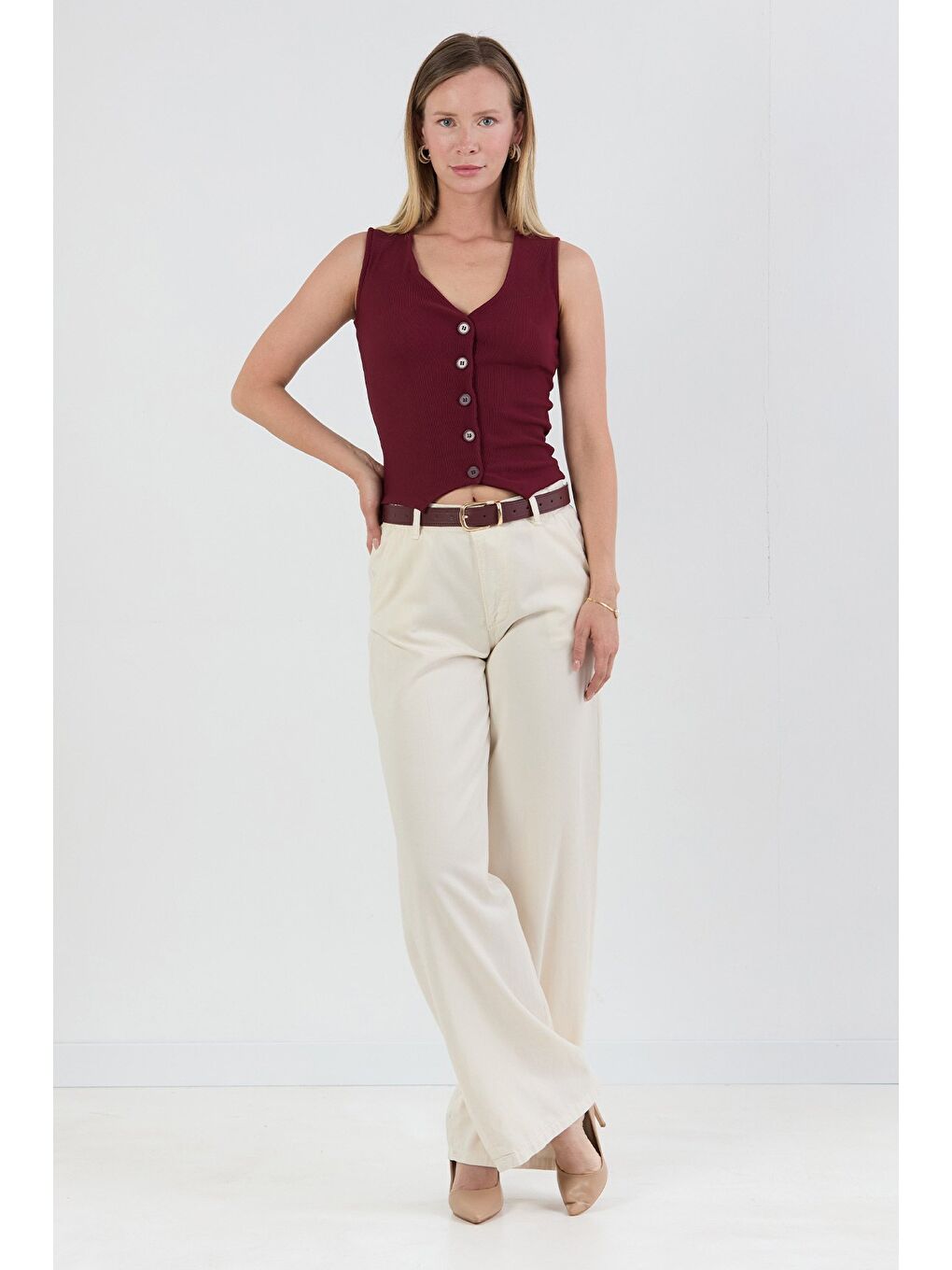 Bordo Düğmeli V Yaka Sıfır Kol Yelek-1