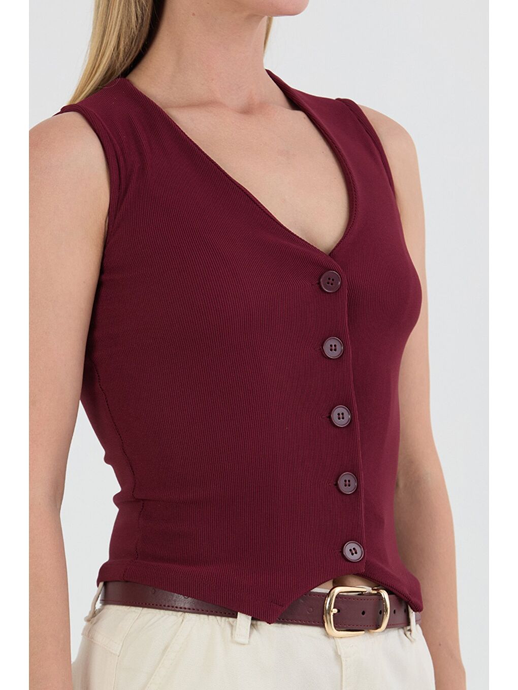 Bordo Düğmeli V Yaka Sıfır Kol Yelek-4