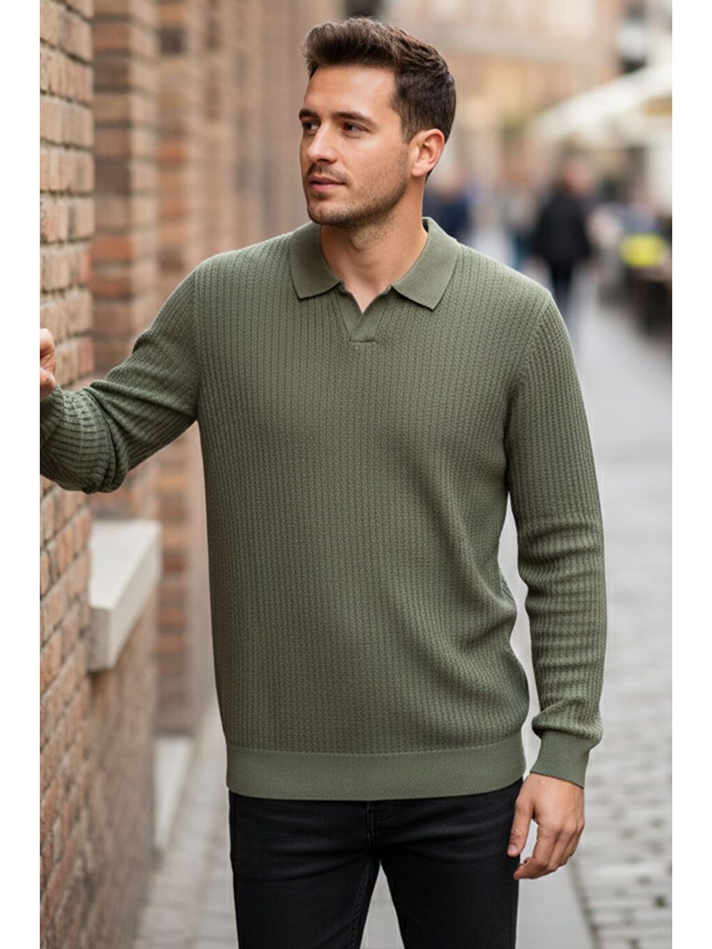Haki Erkek Polo Yaka Elastanlı Triko Kazak-1