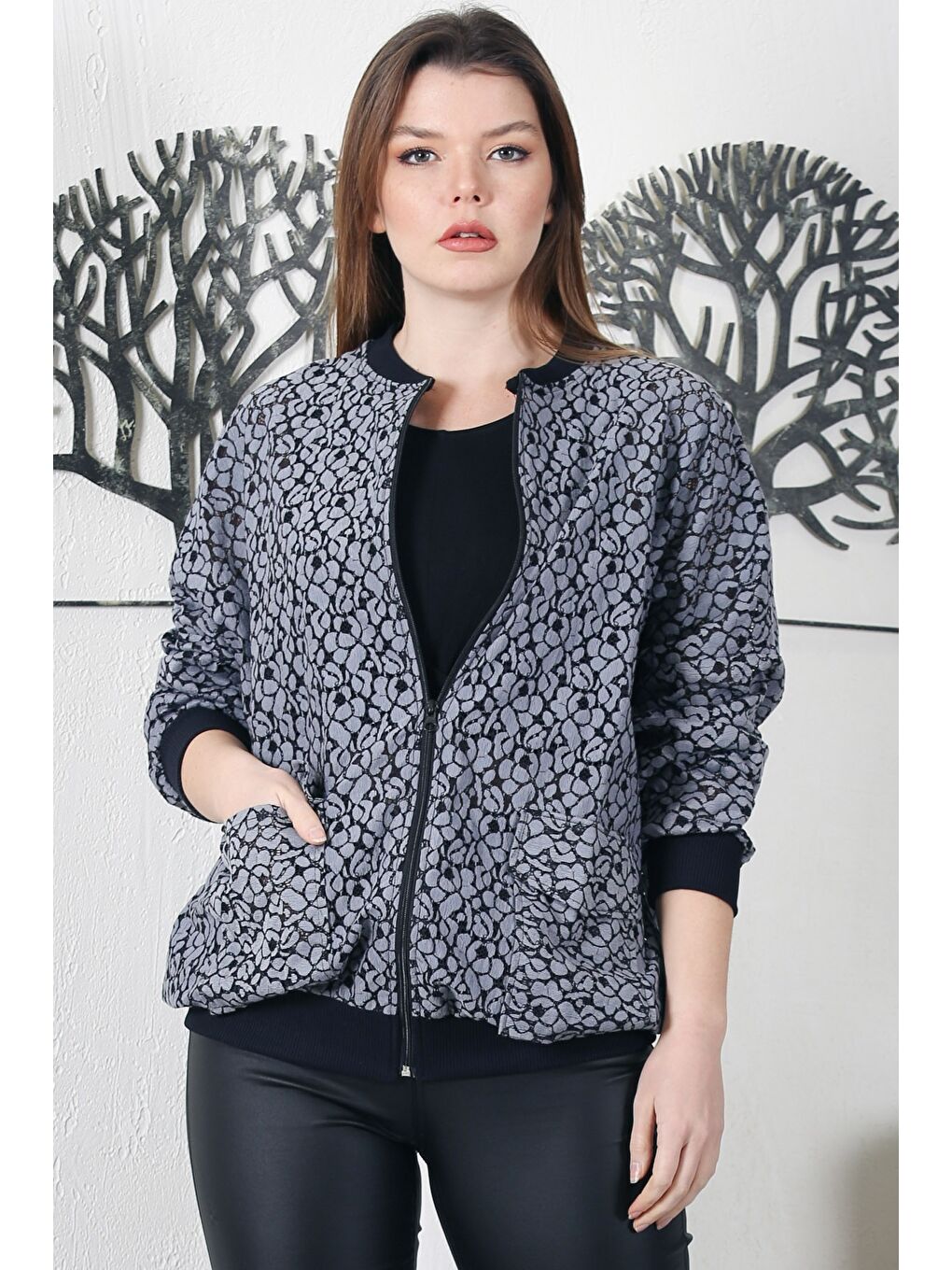 Chiccy Gri-Siyah Bomber Yaka Manşetli Kollu Fermuarlı Cepli Casual Dokuma Ceket 70 65