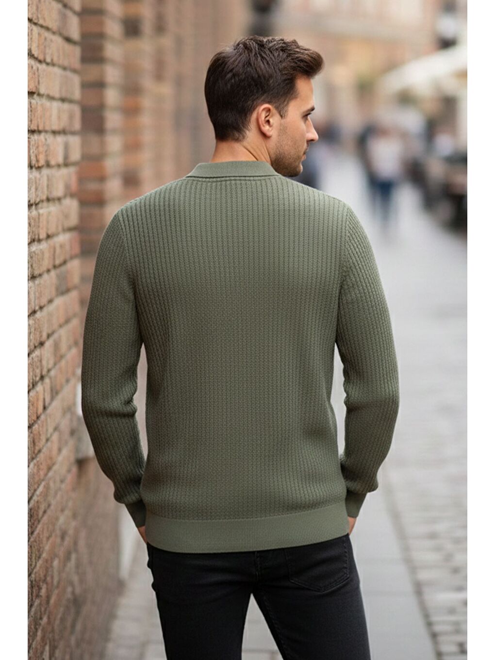 Haki Erkek Polo Yaka Elastanlı Triko Kazak-2