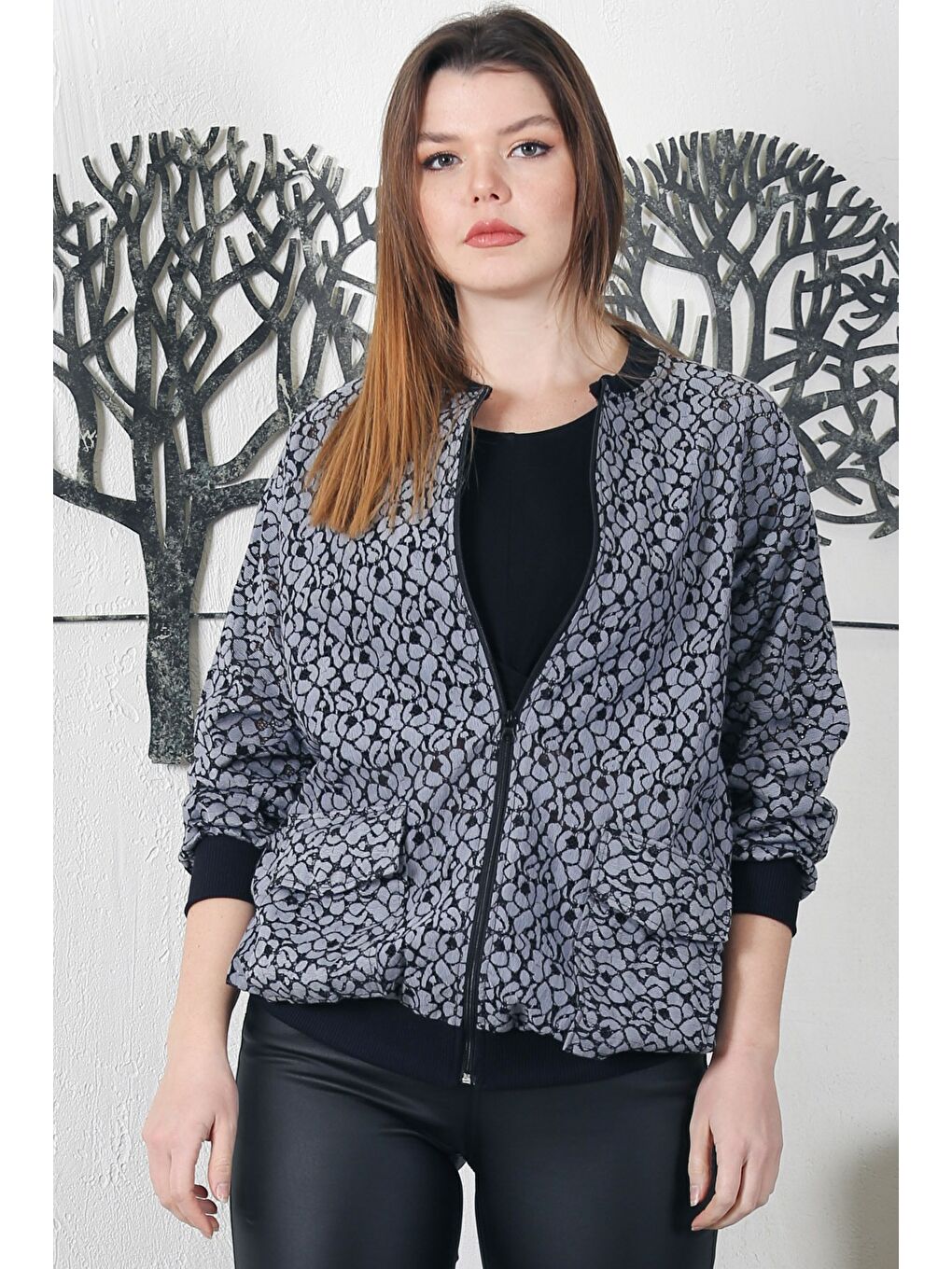 Chiccy Gri-Siyah Bomber Yaka Manşetli Kollu Fermuarlı Cepli Casual Dokuma Ceket 70 65 - 2