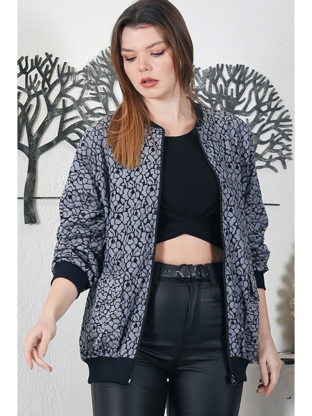 Chiccy Gri-Siyah Bomber Yaka Manşetli Kollu Fermuarlı Cepli Casual Dokuma Ceket 70 65 - 3