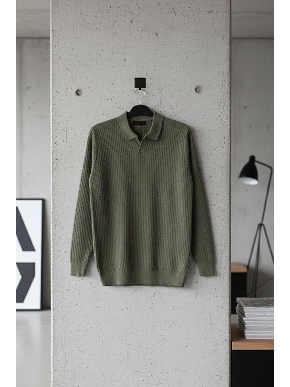 Haki Erkek Polo Yaka Elastanlı Triko Kazak-3