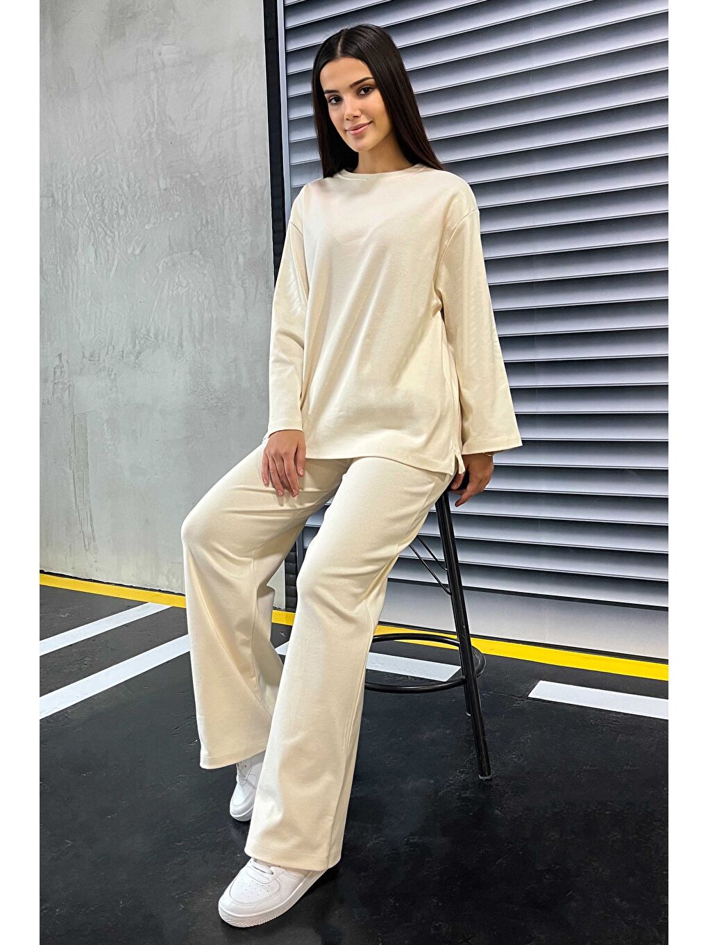 Ekru Geniş Paçalı İki İplik Eşofman Takımı Krem - 27717-KREM-2