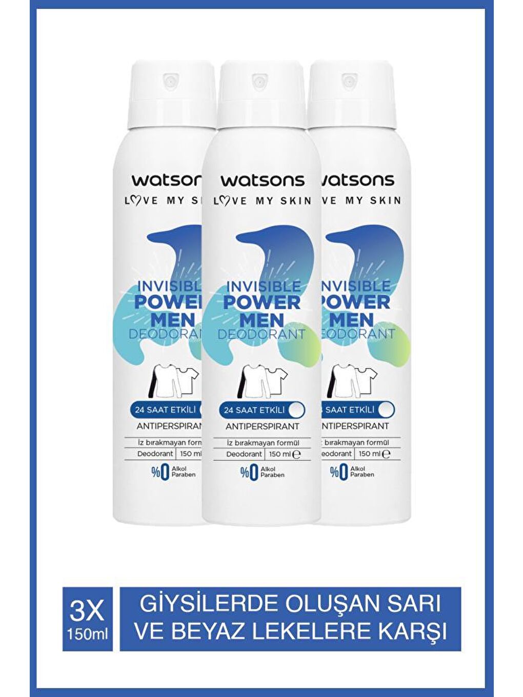 Watsons Açık Bej Invisible Power Men 24 Saat Etkili Deodorant 150 ml X3 ADET