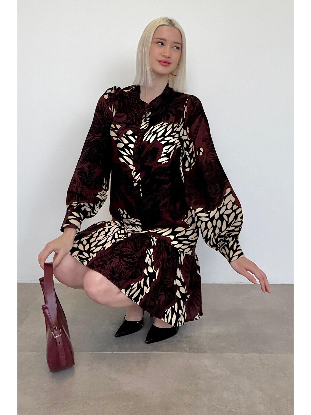 Bordo Desenli Düğmeli Kısa Kadın Elbise Mg2432-1