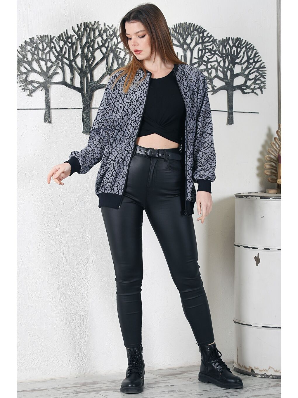 Chiccy Gri-Siyah Bomber Yaka Manşetli Kollu Fermuarlı Cepli Casual Dokuma Ceket 70 65 - 6