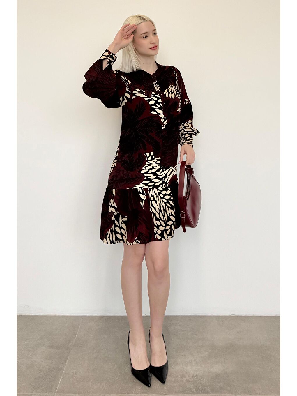 Bordo Desenli Düğmeli Kısa Kadın Elbise Mg2432-2