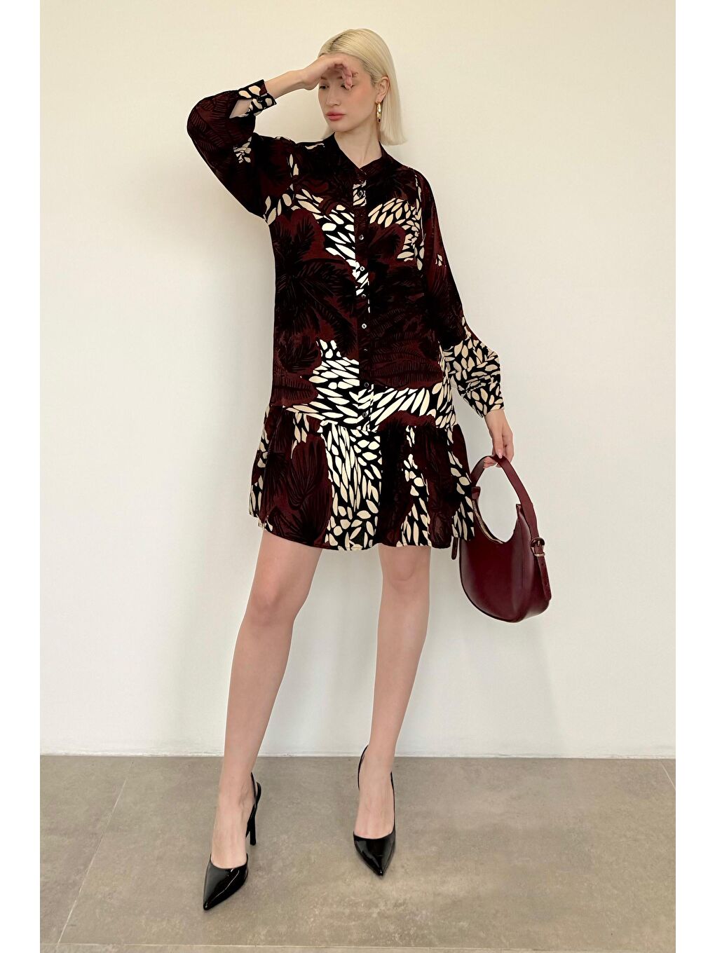 Bordo Desenli Düğmeli Kısa Kadın Elbise Mg2432-3