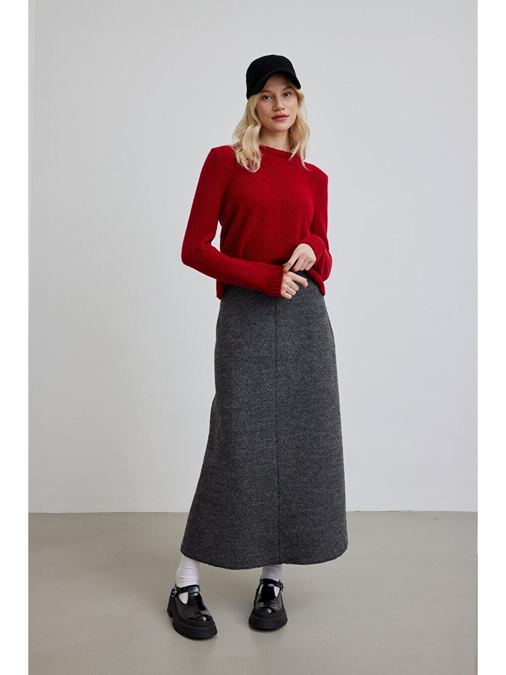 Dikiş Detaylı Yünlü Etek Antrasit-2