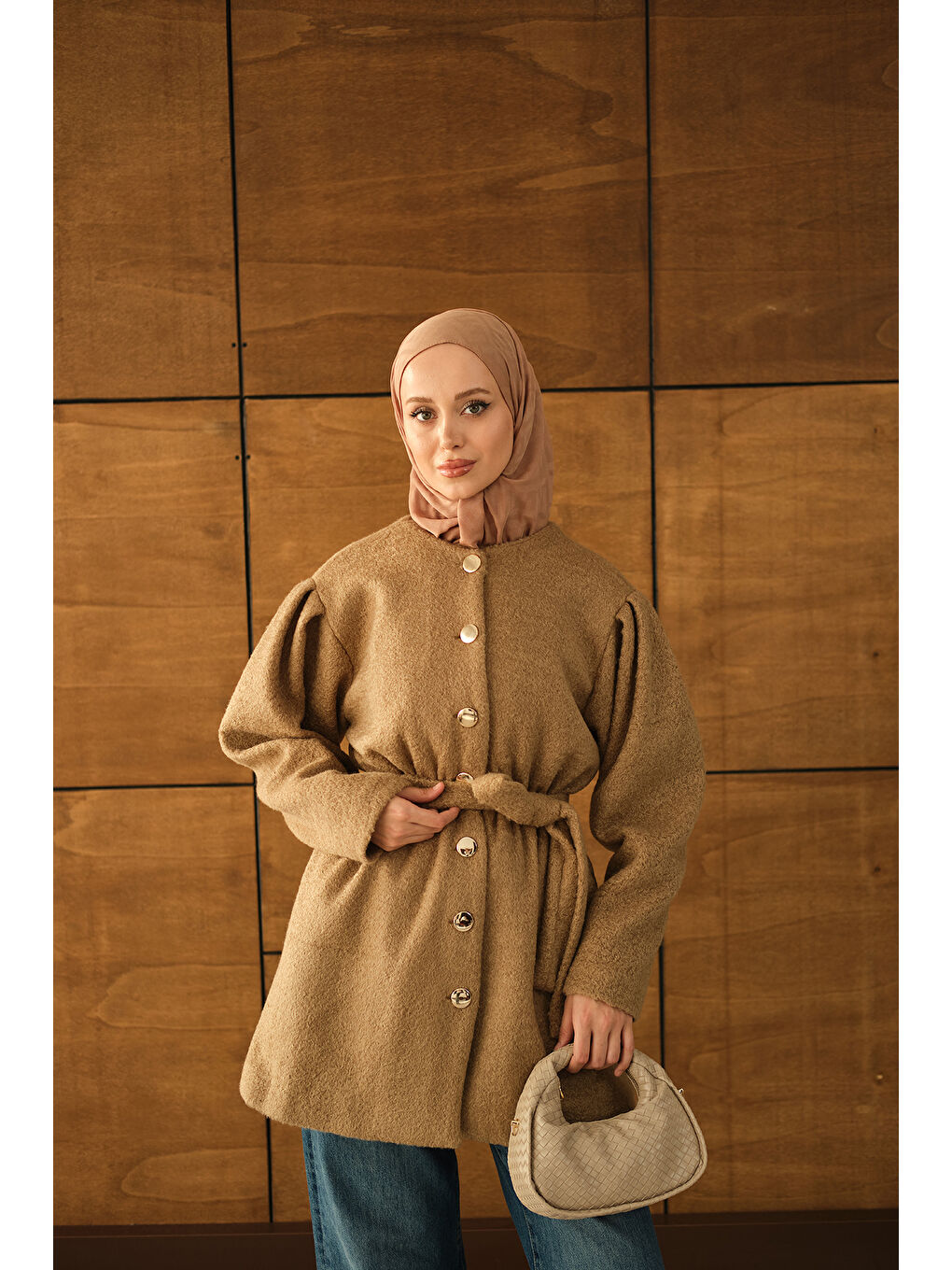 Bej Kadın Beli Lastikli Pelüş Kaşe Kaban Vizon-2