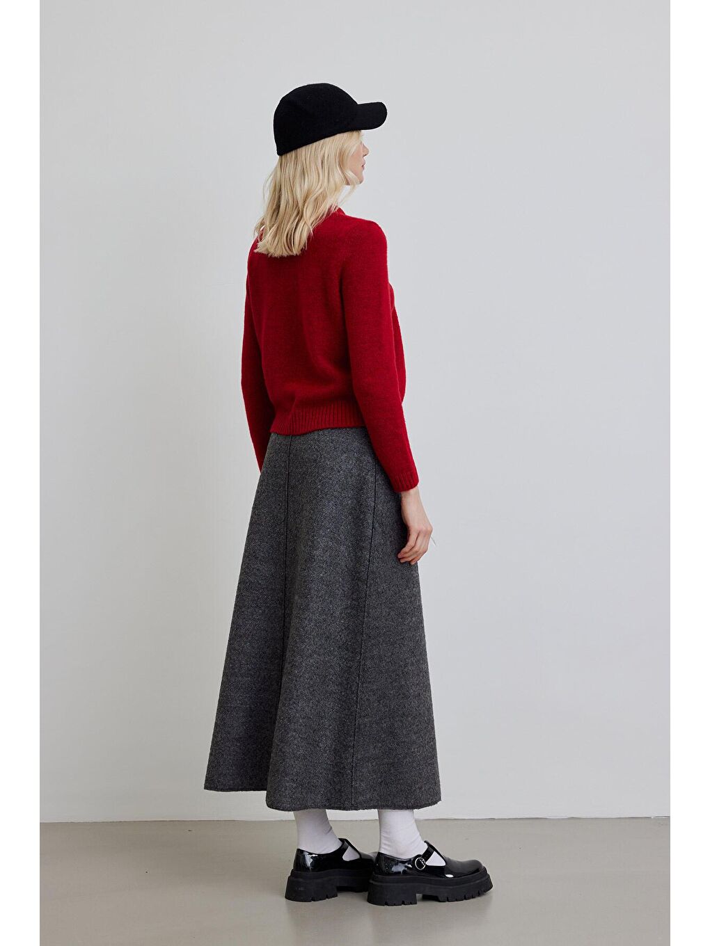 Dikiş Detaylı Yünlü Etek Antrasit-3