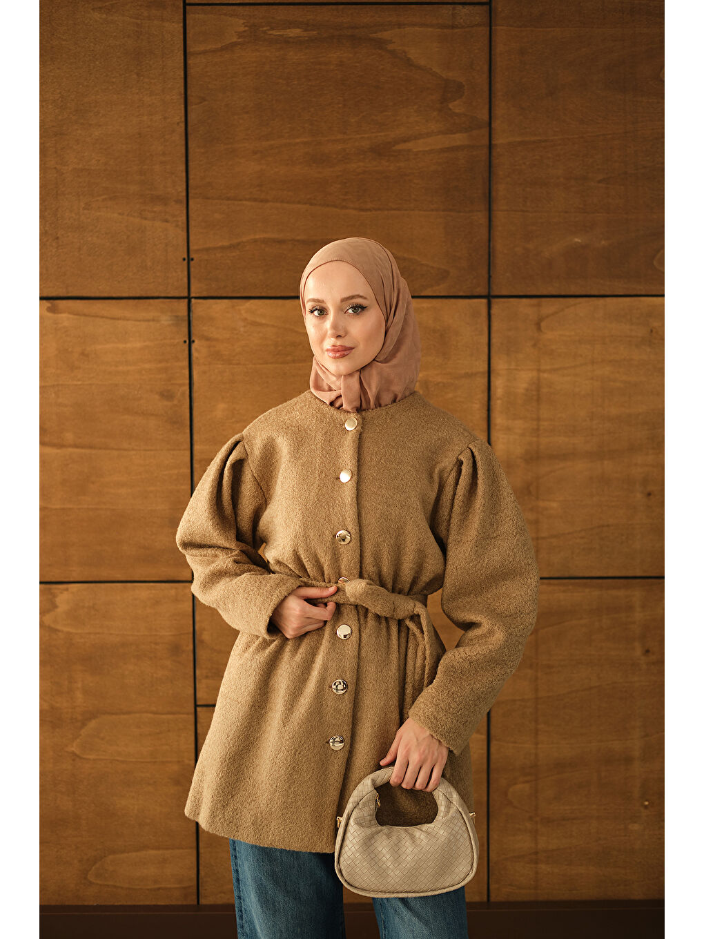 Bej Kadın Beli Lastikli Pelüş Kaşe Kaban Vizon-4