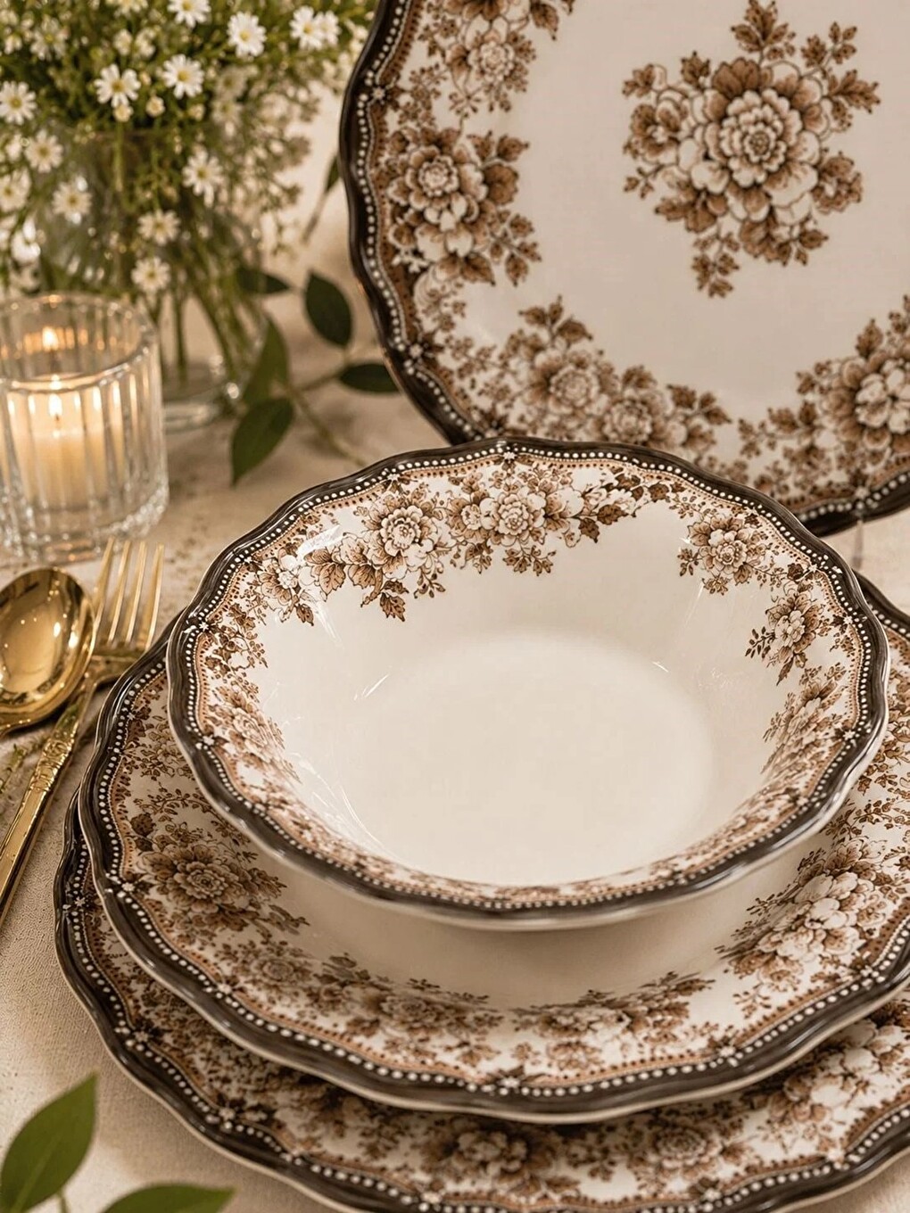 Kahverengi Porselen Velour Brown Fulya Yemek Seti 6 Kişilik 24 Parça