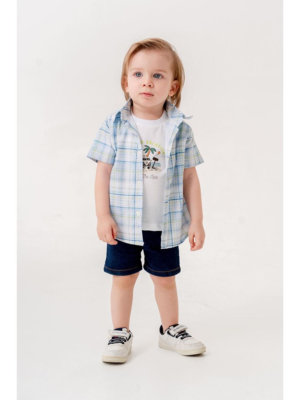 Mavi Tarz Gömlekli Kareli Belden Ayarlanabilir Kısa Kollu Şortlu 3'lü Takım