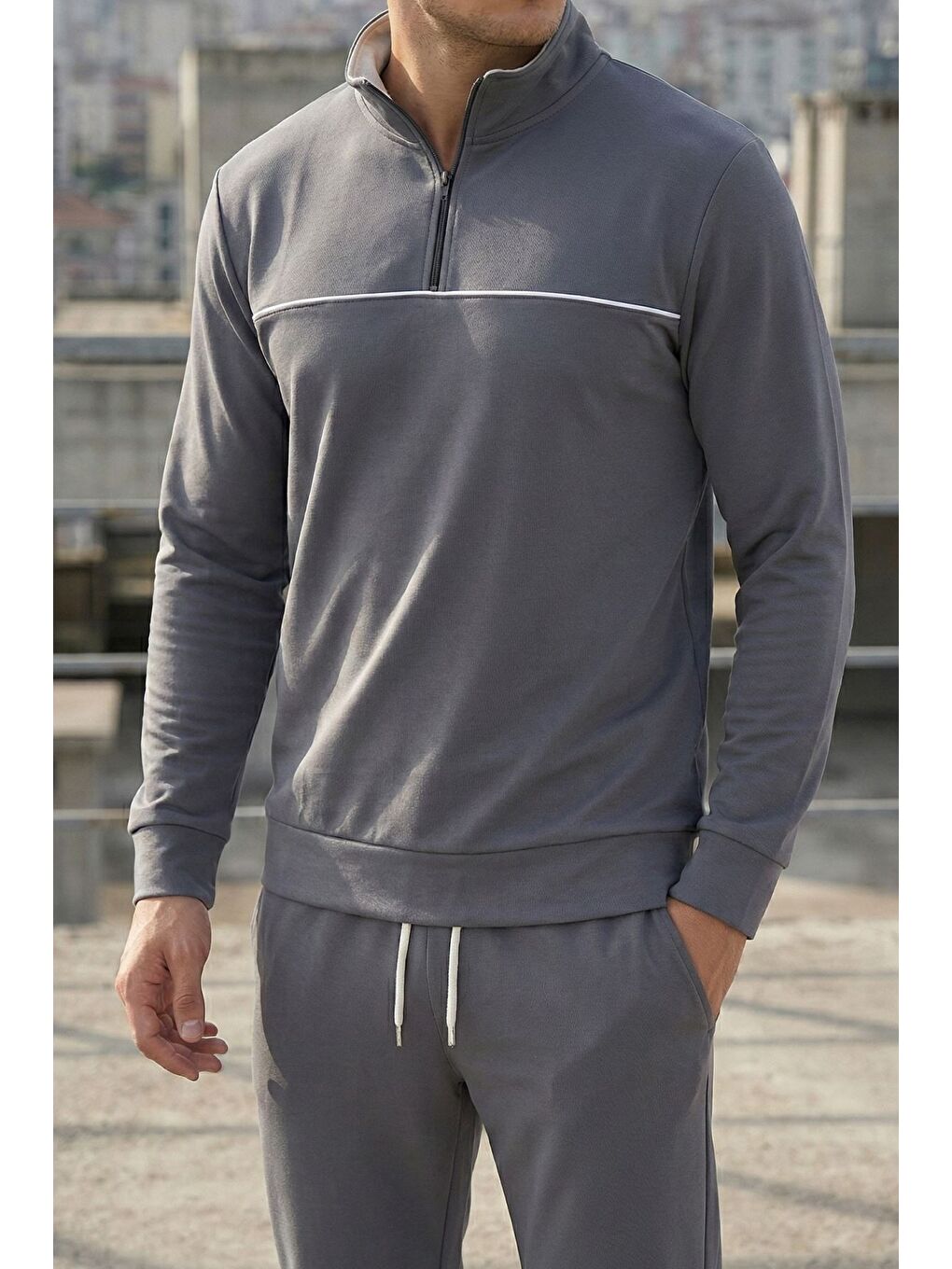 Gri Erkek Polo Yaka Yarım Fermuarlı Sweat Bel Lastikli Pantolon İkili Takım-3