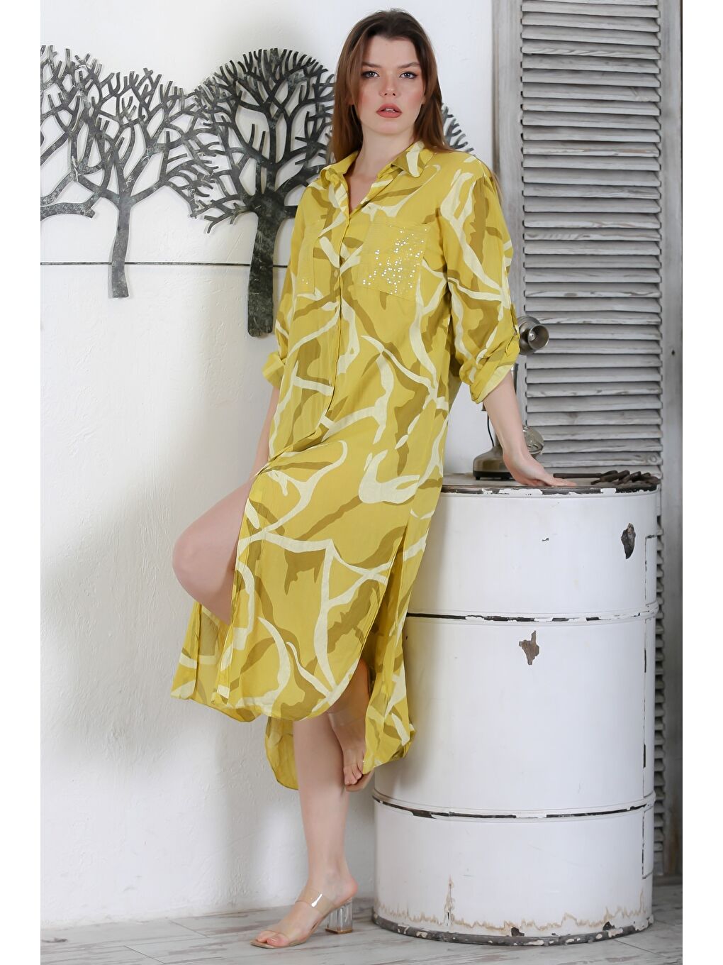 Sarı İtalyan Hardal Rengi Gömlek Yaka Düğmeli Uzun Kollu Cepli Pul Payetli Dokuma Yazlık Elbise 130 65-2