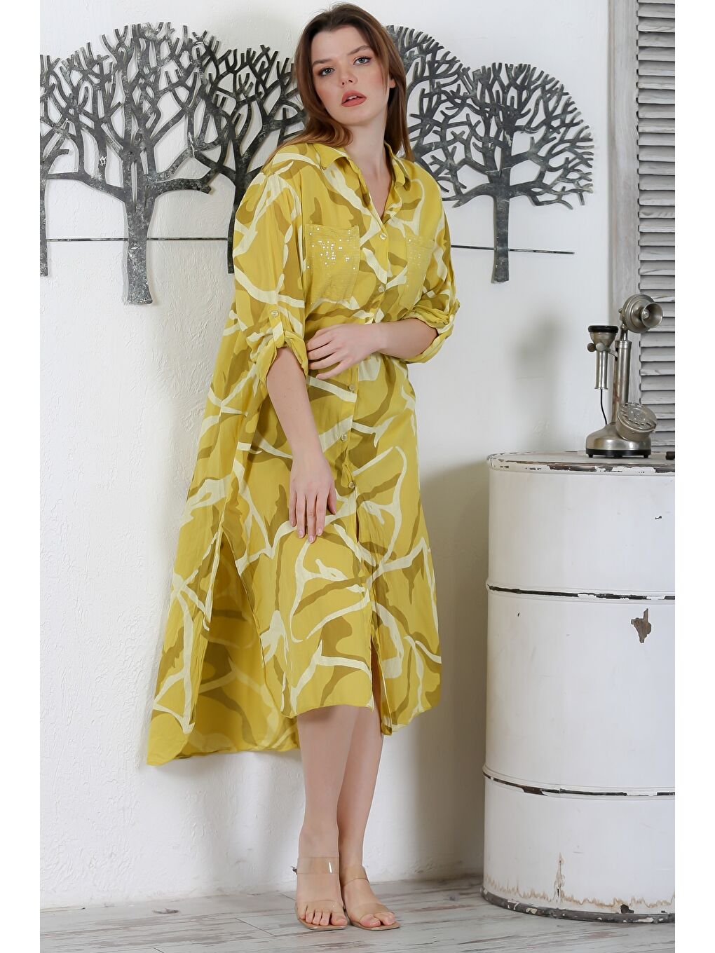 Sarı İtalyan Hardal Rengi Gömlek Yaka Düğmeli Uzun Kollu Cepli Pul Payetli Dokuma Yazlık Elbise 130 65-4