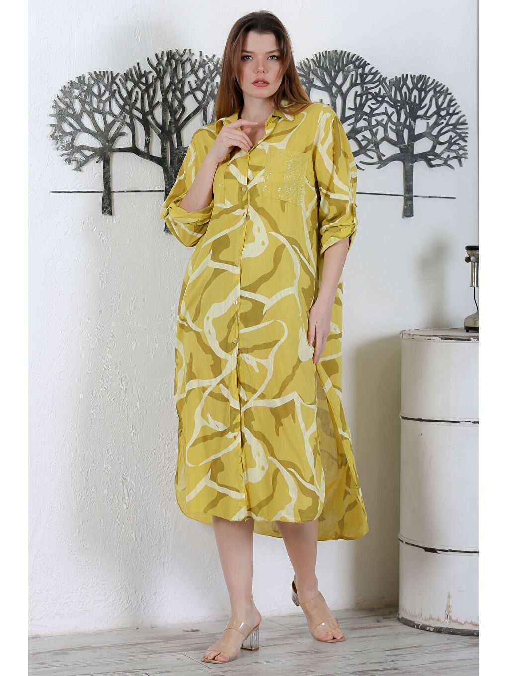 Sarı İtalyan Hardal Rengi Gömlek Yaka Düğmeli Uzun Kollu Cepli Pul Payetli Dokuma Yazlık Elbise 130 65-5