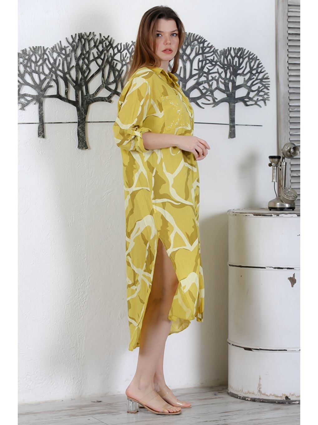 Sarı İtalyan Hardal Rengi Gömlek Yaka Düğmeli Uzun Kollu Cepli Pul Payetli Dokuma Yazlık Elbise 130 65-6