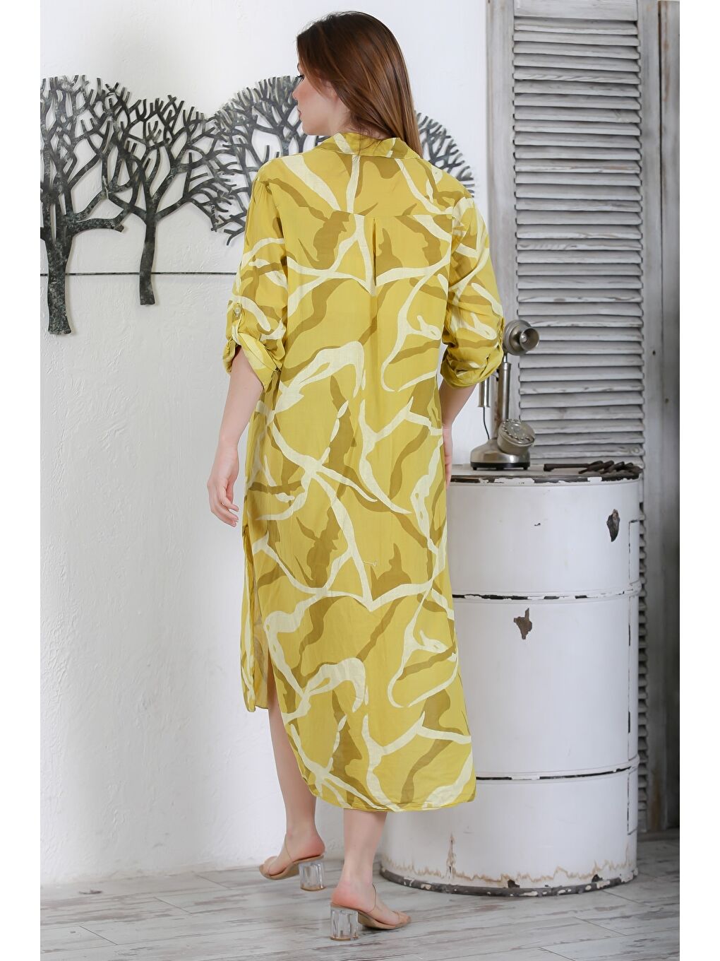 Sarı İtalyan Hardal Rengi Gömlek Yaka Düğmeli Uzun Kollu Cepli Pul Payetli Dokuma Yazlık Elbise 130 65-7