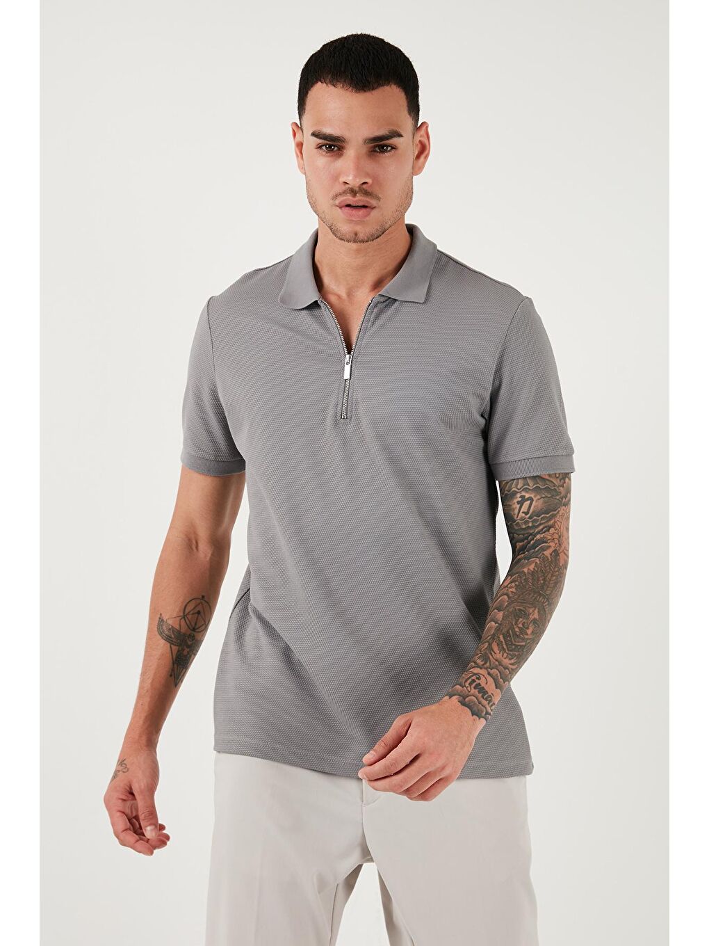 Buratti Orta Gri Pamuklu Regular Fit Fermuarlı Polo Yaka Erkek T Shirt 5902915 - 1